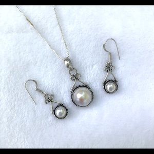 Pearl 925 Silver Necklace & Earring Set NWT